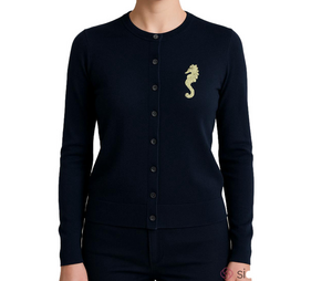 J Crew Carolyn Cardigan Navy Blue Sweater with Seahorse Embroidery extra small